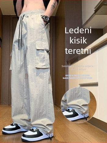 Muške Ice Silk radne hlače – ljetne tanke, labavo široke, ravne hlače, casual hlače, 2025 novi model, elastične široke nogavice