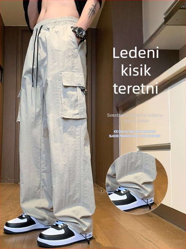 Muške Ice Silk radne hlače – ljetne tanke, labavo široke, ravne hlače, casual hlače, 2025 novi model, elastične široke nogavice