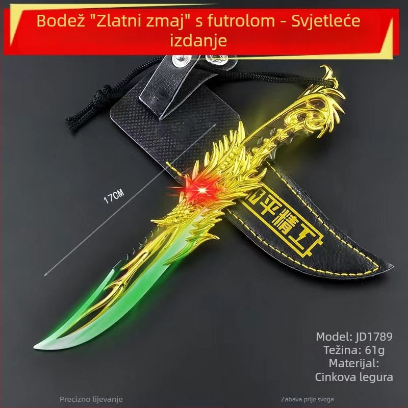 17 cm nož s petokraki zlatim zmajem, kožna futrola, ukras od cinkovog legura i privjesak za ključeve