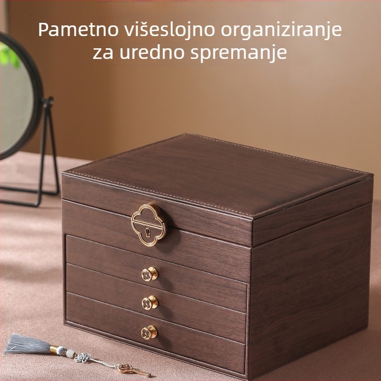 Višeslojna kutija za nakit od drva s uzorkom drveta, retro stil, minimalistički luksuzan prostor za pohranu nakita, kvadratnog oblika, zatvaranje sa klikom, vodootporna, model 2025