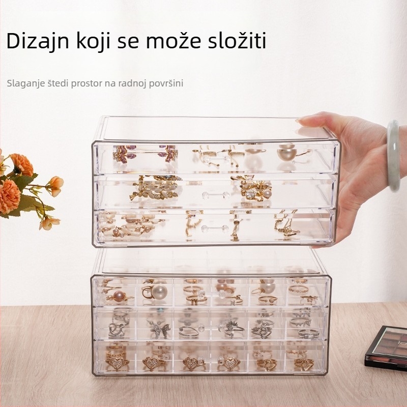 Prozirna kutija za nakit s ladicama za naušnice i prstene, akrilni stolni organizator