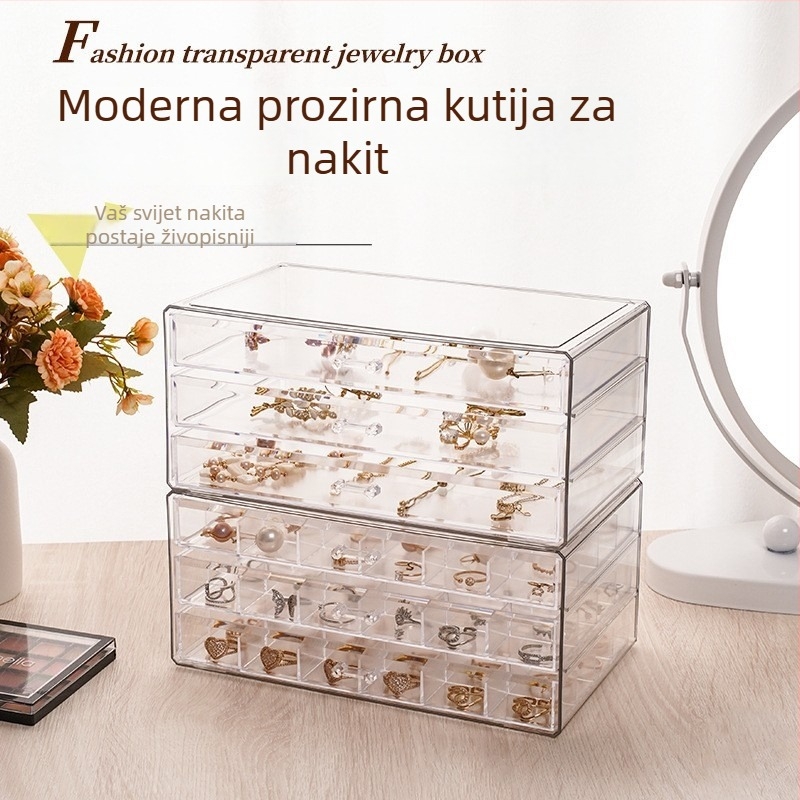 Prozirna kutija za nakit s ladicama za naušnice i prstene, akrilni stolni organizator