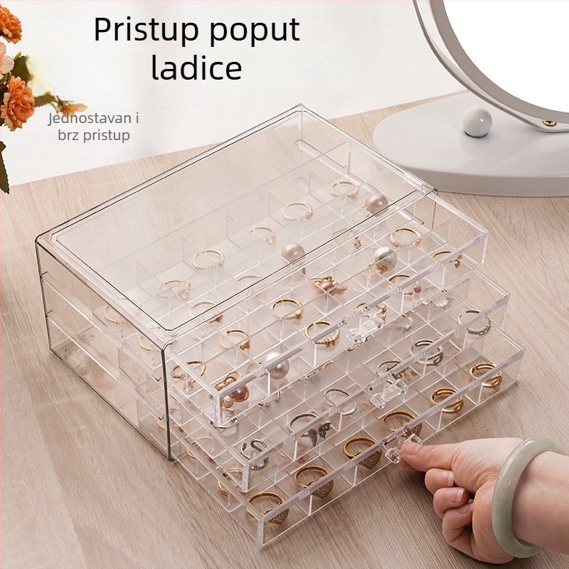 Prozirna kutija za nakit s ladicama za naušnice i prstene, akrilni stolni organizator