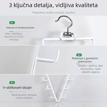 V-oblik vješalica od željeza s gumiranom prevlakom, dvostrana, skladišni organizator za kapute s više kukica za šalove i svilene šalse