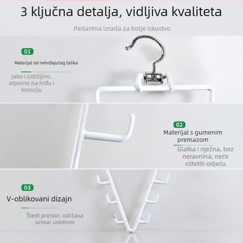 V-oblik vješalica od željeza s gumiranom prevlakom, dvostrana, skladišni organizator za kapute s više kukica za šalove i svilene šalse