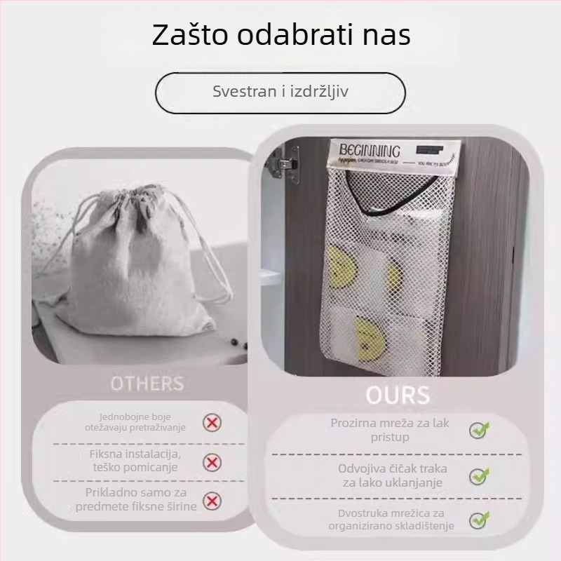 Zidni organizator vrećica za kuhinju, s velikim kapacitetom, mrežasta džep s Velcro zatvaračem