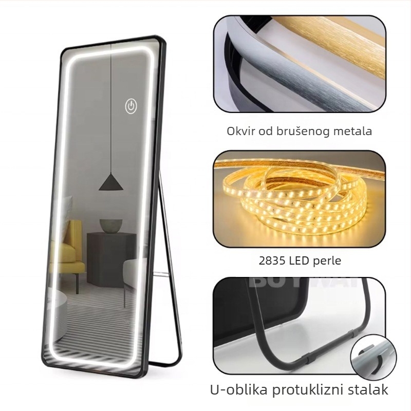 Pametno ogledalo za šminku s neovisnim osvjetljenjem, dvostrukim gumbom i trobojno odmagljivanjem, podni ogledalo od aluminijske legure