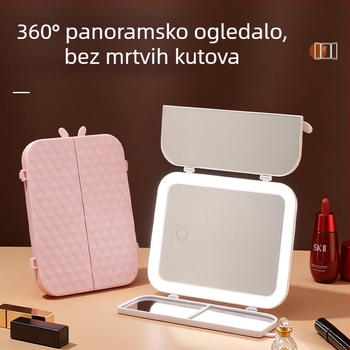 Sklopivo LED ogledalo za šminku s rasvjetom, prilagodljiva svjetlina, stolno HD ogledalo za studentski dom