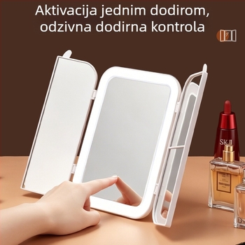 Sklopivo LED ogledalo za šminku s rasvjetom, prilagodljiva svjetlina, stolno HD ogledalo za studentski dom