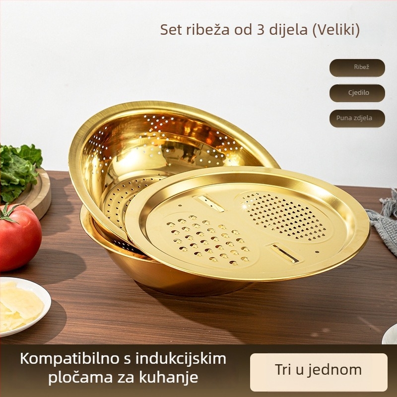 Trodjelni set od nehrđajućeg čelika – posuda za ribanje s rešetkom, višenamjenski kuhinjski alat za rezanje, ribanje i ocjeđivanje