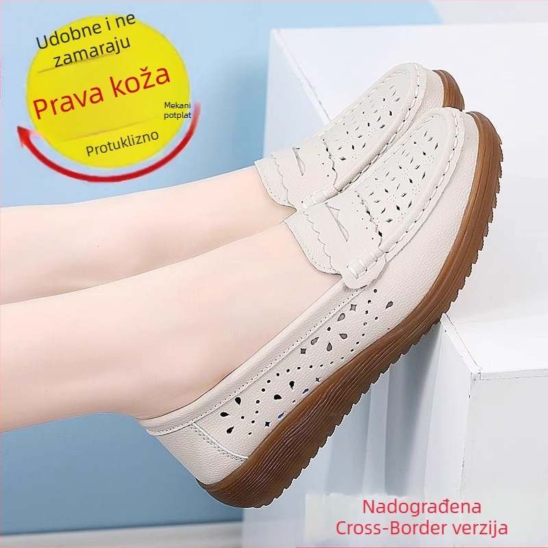 Ženske kožne slip-on mokasine s prozračnim dizajnom, bijele boje, ljetni stil, mekana potplata