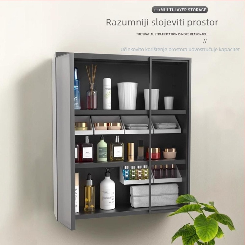 Zidni ormarić s ogledalom za kupaonicu, prostor za kozmetiku i higijenske potrepštine, montaža bez bušenja