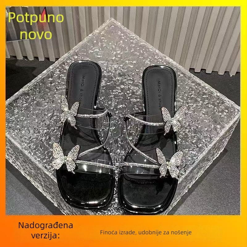Ženske sandale s mašnicom i prozirnim kristalima, kvadratni vrh, debeli pet, 3-5 cm, proljeće 2026.