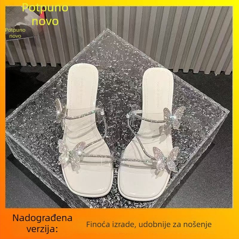 Ženske sandale s mašnicom i prozirnim kristalima, kvadratni vrh, debeli pet, 3-5 cm, proljeće 2026.