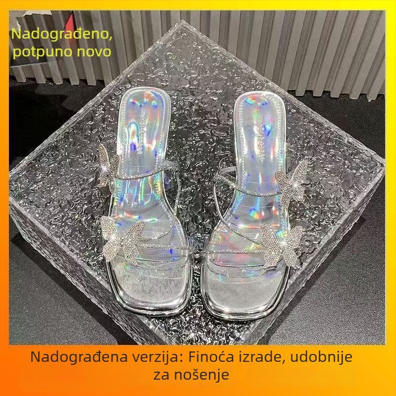 Ženske sandale s mašnicom i prozirnim kristalima, kvadratni vrh, debeli pet, 3-5 cm, proljeće 2026.