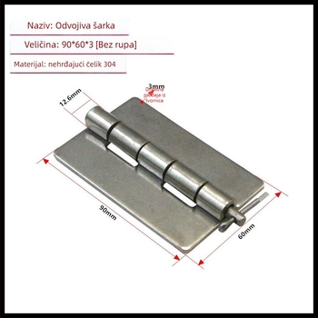Zsaner od nehrđajućeg čelika 304 s odvojivim pinom, industrijski težak, dimenzije 60 × 90 × 3 mm