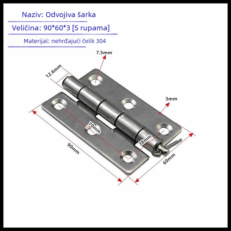 Zsaner od nehrđajućeg čelika 304 s odvojivim pinom, industrijski težak, dimenzije 60 × 90 × 3 mm