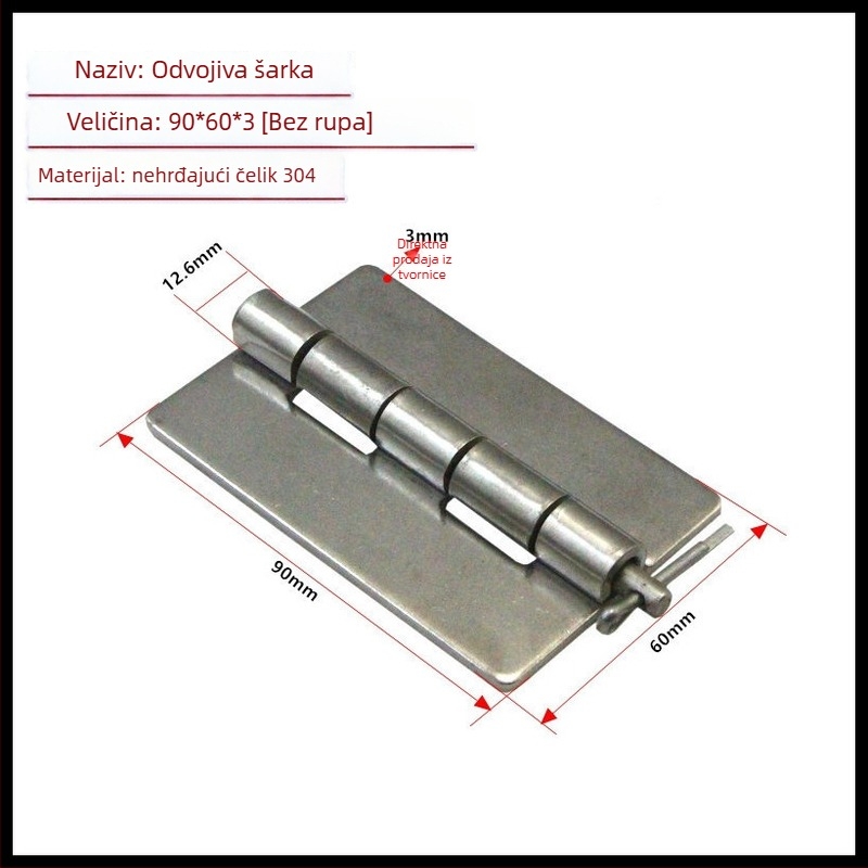 Zsaner od nehrđajućeg čelika 304 s odvojivim pinom, industrijski težak, dimenzije 60 × 90 × 3 mm