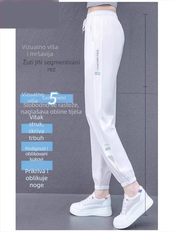 Crne ženske casual brzo-sušeće hlače, lagane ljetne široke kroje, ice silk sportske hlače s UV zaštitom, model 2026