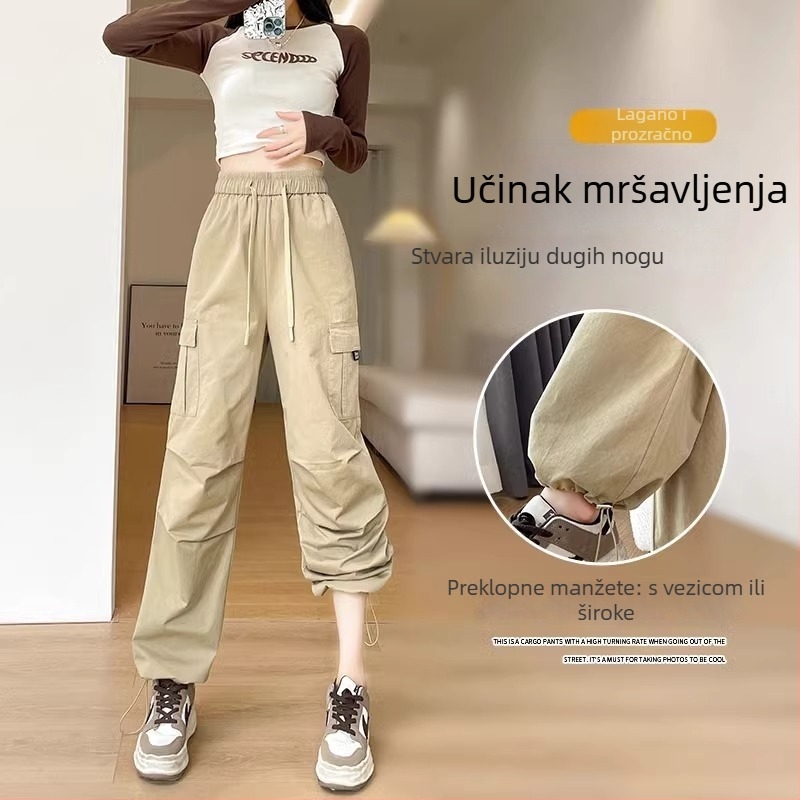 Ženske radne hlače za jesen, lagane, brzo sušeće, opuštena ravna silueta, široke nogavice, elastičan struk i manžeta pri gležnjevima, casual sportske hlače