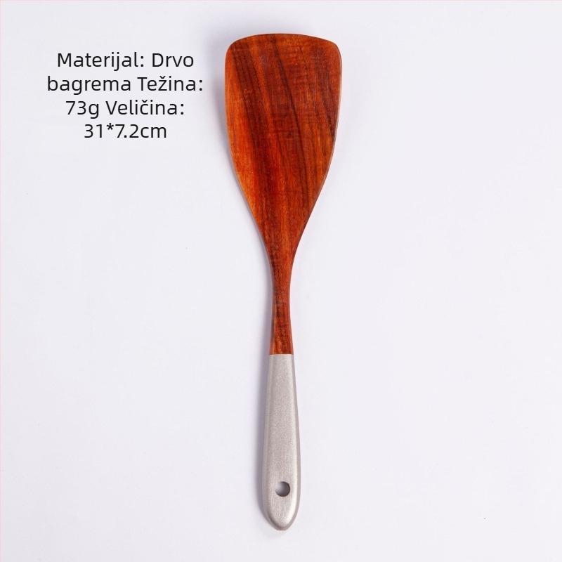 Set drvenih kuhinjskih posuđa od tikovog drveta: duga spatula, žlica za rižu, velika žlica za juhu i cjedna žlica