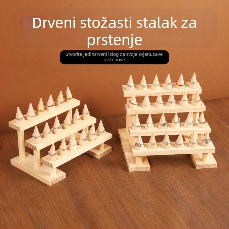Stalak za prikaz prstena od masivnog drveta, više razina, konusni držač za nakit