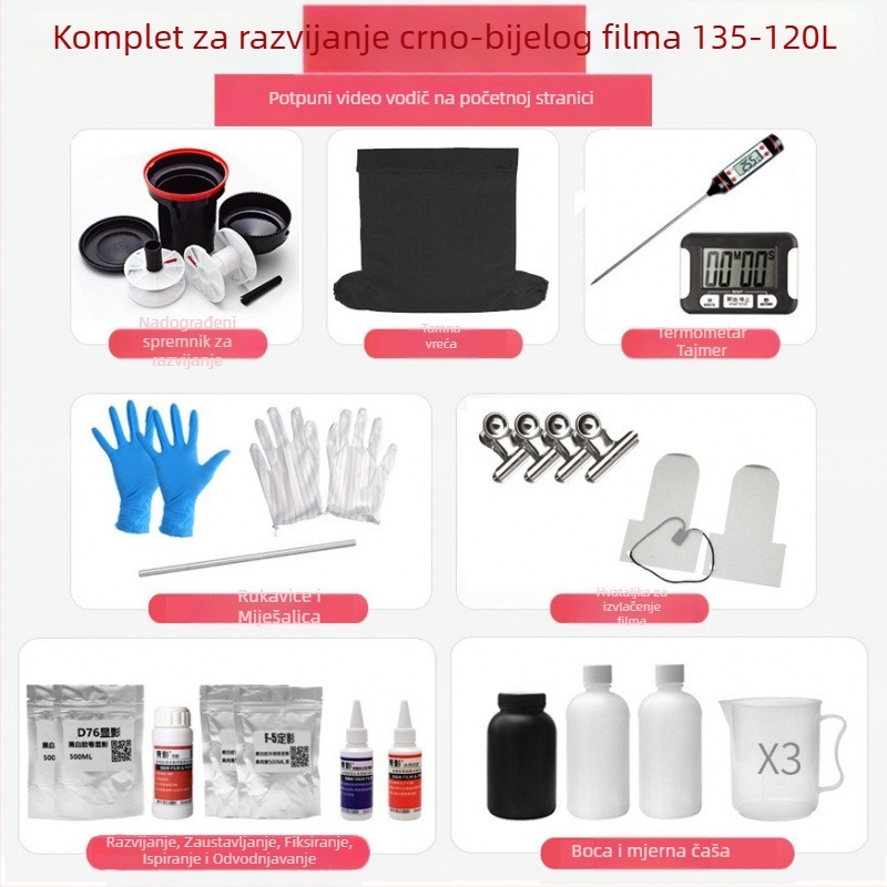 Spremnik za razvoj filma 135–120, crno-bijeli, u tamnoj komori, obrazovna namjena