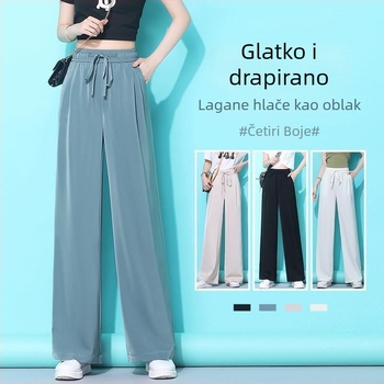 Ženske Ice Silk široke hlače, visok struk, lagane i tanke, proljeće-ljeto, plus veličina, ravni kroj, casual s vezanjem