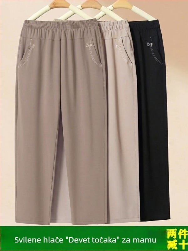 Ljetne tanke hlače od ice silk za žene srednje dobi i starije, široke ravne nogavice, casual stil