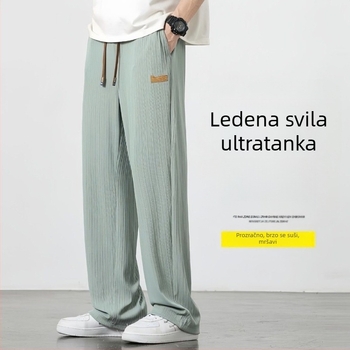 Muške ljetne tanke široke sportske hlače s elastičnim pojasom, crne, svestrane, straight kroj