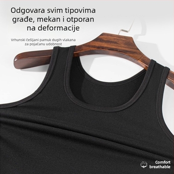 Muški tank top od 100% pamuka, težine 240 g, ribasta tekstura, slobodan kroj, jednobojan, bez rukava, prozračan za ljeto