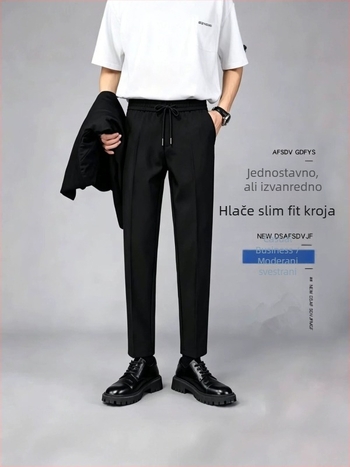 Muške ljetne hlače ravnog kroja, casual stil, 9/10 dužine, jednobojne, otporne na gužvanje, s vezicom za podešavanje