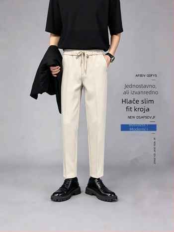 Muške ljetne hlače ravnog kroja, casual stil, 9/10 dužine, jednobojne, otporne na gužvanje, s vezicom za podešavanje