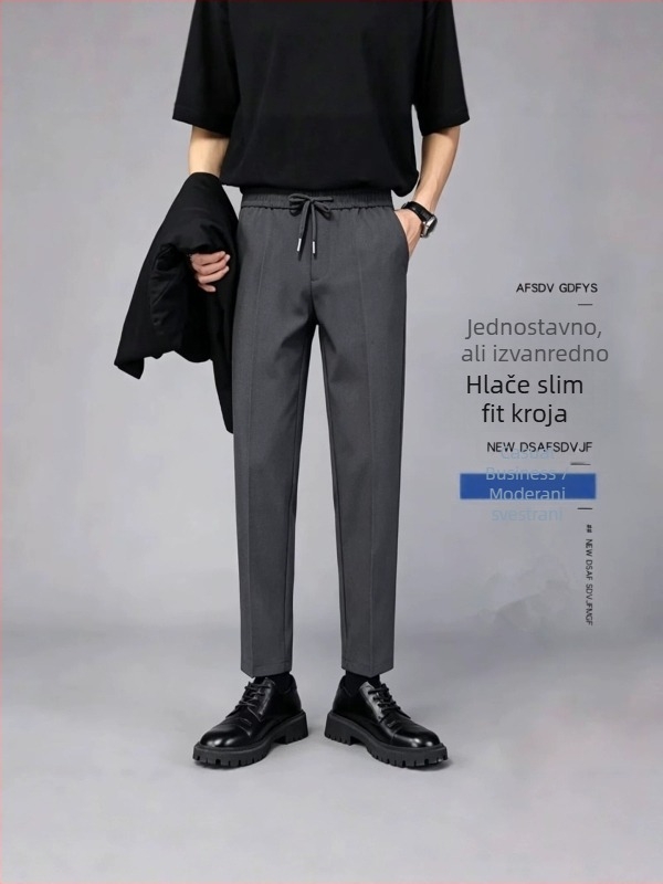 Muške ljetne hlače ravnog kroja, casual stil, 9/10 dužine, jednobojne, otporne na gužvanje, s vezicom za podešavanje