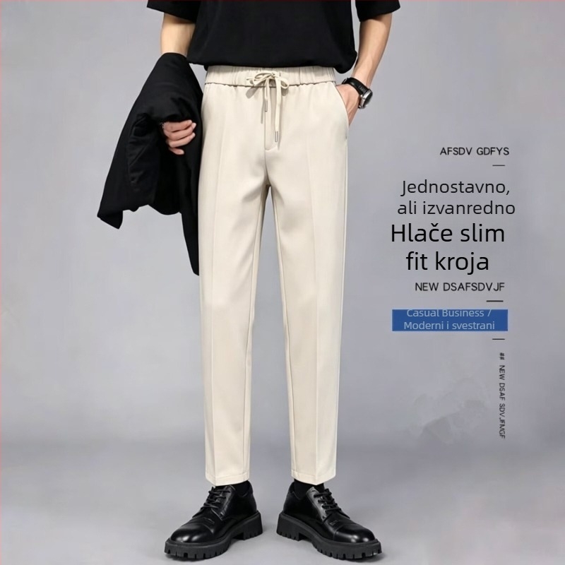 Muške ljetne hlače ravnog kroja, casual stil, 9/10 dužine, jednobojne, otporne na gužvanje, s vezicom za podešavanje