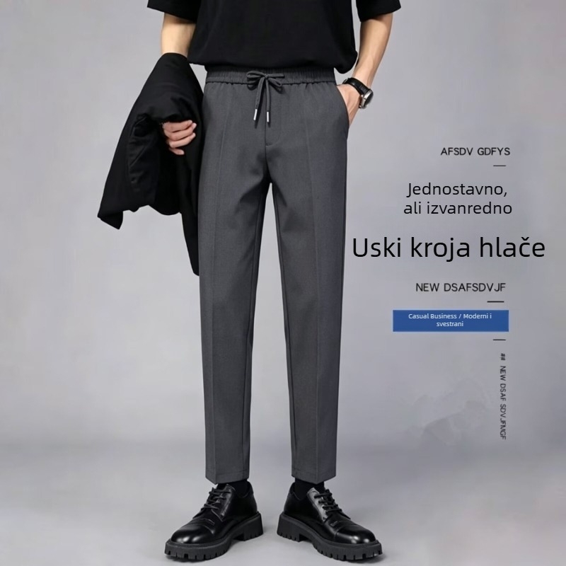 Muške ljetne hlače ravnog kroja, casual stil, 9/10 dužine, jednobojne, otporne na gužvanje, s vezicom za podešavanje