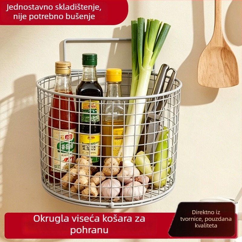 Kružna zidna košara za pohranu, bez bušenja, viseća kuhinjska košara za pohranu luka, đumbira i češnjaka, kupaonica, studentski dom, višenamjenska