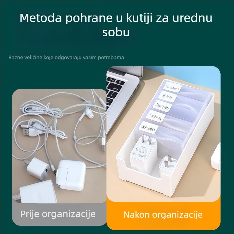 Kutija za organizaciju kablova s pretincima za kabelske žice, punjače i slušalice