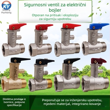 Bakreni set sigurnosnih ventila za kućne električne bojlere: ventili za smanjenje tlaka, ventili za oslobađanje tlaka i provjerni ventil (4/6 priključaka)