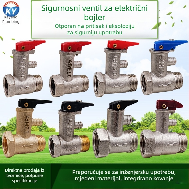 Bakreni set sigurnosnih ventila za kućne električne bojlere: ventili za smanjenje tlaka, ventili za oslobađanje tlaka i provjerni ventil (4/6 priključaka)