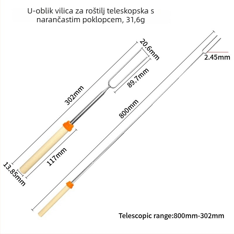 Vilica za roštilj od nehrđajućeg čelika s U-oblikom drvenom drškom, teleskopska vanjska vilica za roštilj, štapić za marshmallow, ražnjić za roštilj