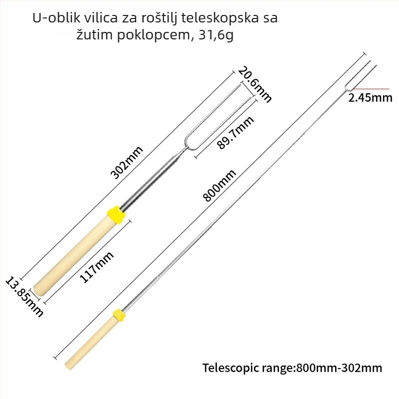 Vilica za roštilj od nehrđajućeg čelika s U-oblikom drvenom drškom, teleskopska vanjska vilica za roštilj, štapić za marshmallow, ražnjić za roštilj
