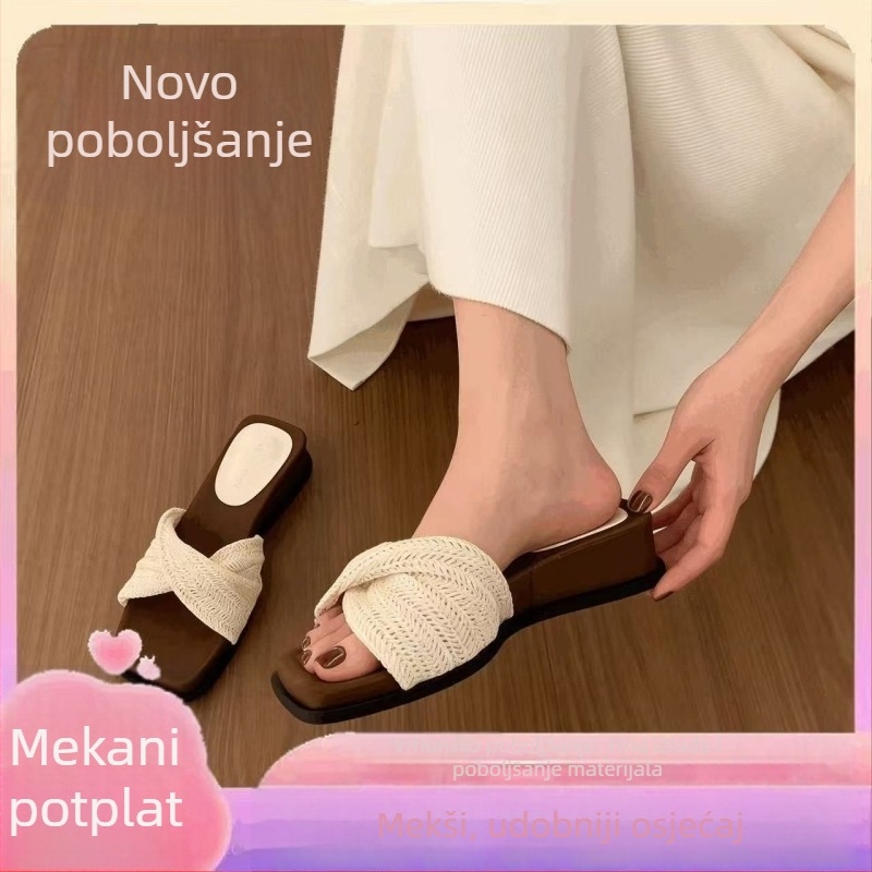 Ženske sandale s 4 cm debelim potplatom, slamasto pleteni dizajn, francuski retro stil, slip-on