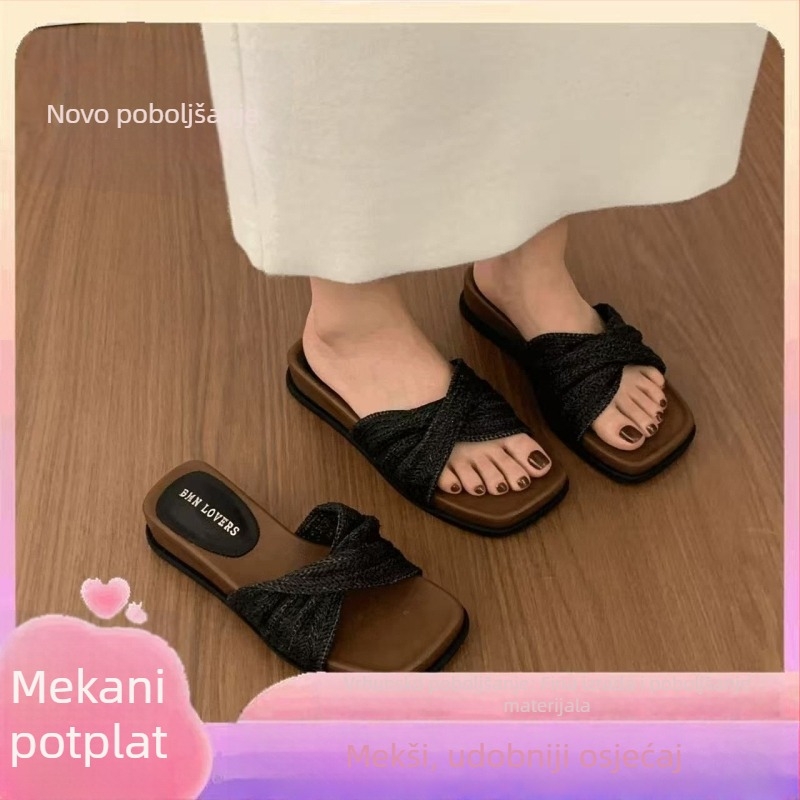 Ženske sandale s 4 cm debelim potplatom, slamasto pleteni dizajn, francuski retro stil, slip-on