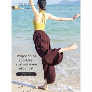 Kave boje harém hlače za yoga s džepovima, širok kroj, ženske sportske hlače