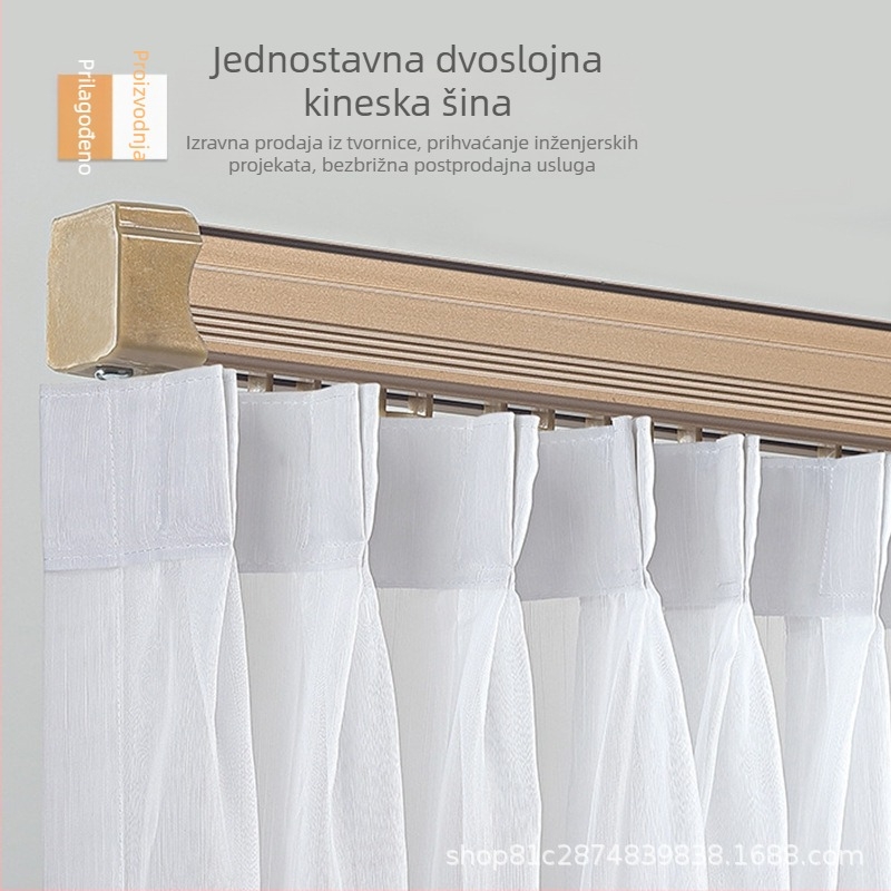 Vodilica zavjesa od aluminijskog legura, Ivory White završna, dvostruka staza, gornja montaža, za školske i stambene projekte; uključuje brtvilo, kotačić i montažni pribor.