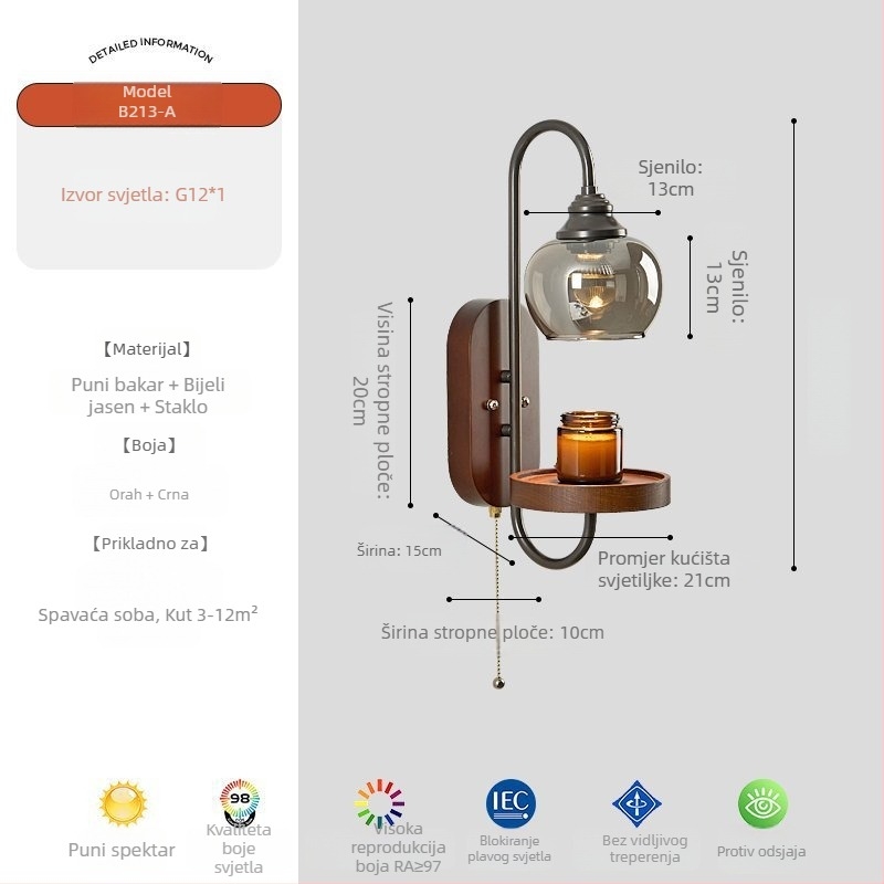 Zidna lampa u srednjovjekovnom stilu od bijelog jasena, za spavaću sobu, retro dizajn, aromaterapijska lampa, lampa za taljenje voska, dnevni boravak