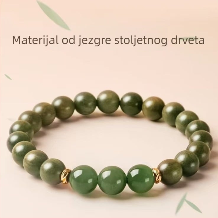 Prirodna zelena sandalovo drvo kristalna narukvica, unisex, ručno izrađene perle, dizajn pet elemenata, 6 mm, 27 perli