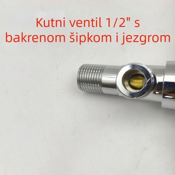 Bakreni kutni ventil za spoj bojlera i WC-a, elektroplakirani završetak, ugradnja u zid