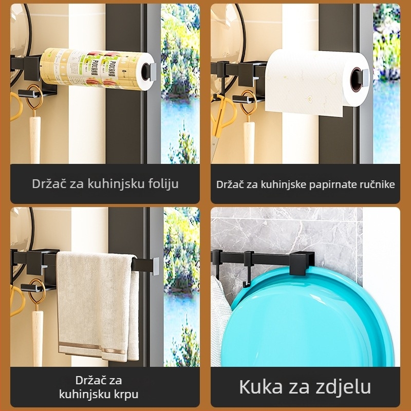 Zidni crni držač kuka za kuhinju, bez bušenja, držač za žlice i kuhinjske potrepštine, minimalistički dizajn